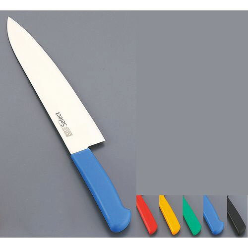 関兼次刃物 カラーセレクト 牛刀（両刃） 3016-RD 24cm レッド AKL3006 JANコード 4905001356971●サイズ(cm):24●カラー:レッド●全長(mm):370●重量(g):152●背厚(mm):2.2●材質：刃：モリブデンス刃物鋼・柄：三菱樹脂製ゼラス■特長・ハンドルは、耐熱性、耐衝撃性に優れ柔らかい感触で、使い 易さを考慮したデザインです。■・焼き入れ後に-70℃以下に冷却する特殊な処理をほどこす事 により、高い硬度と靱性を与えています。■・抜群の切れ味とその持続性を保証します。■また研ぎ直しも 容易に出来ます。■材質:刃身/大同特殊鋼製モリブデン・バナジウム・ ステンレス鋼 ハンドル/ゼラス(オレフィン系エラストマー)■耐熱温度:105℃カラーセレクト ■※■※庖丁の表示サイズは、すべて刃渡り寸法となっております。【送料について】北海道、沖縄、離島は送料を頂きます。