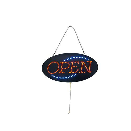 友屋 ベガスサイン OPEN 32440 YSI0101 JANコード 4904625762335●メーカー品番:32440●幅×奥行×高さ(mm):510×35×265●材質：面板:樹脂　枠：アルミ　バックボード：MDF■510×35×H265電源:100V 50/60Hz消費電力:7.2W■質量:1.2kg■付属品:ACアダプター、壁掛け用チェーン点灯パターン:常時点灯・青色LED流れ(OPENの赤色LEDは常時点灯)高輝度LEDで目立つ営業中サイン。■※屋内専用です。【送料について】北海道、沖縄、離島は送料を頂きます。