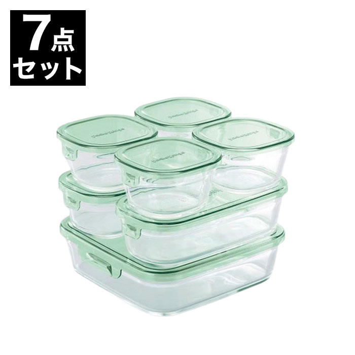 イワキ iwaki 耐熱ガラス 保存容器 グラスコンテナ 7個セット グリーン システムセット PSC-PRN-G7 電子レンジ対応 食洗機対応【送料無料】のサムネイル
