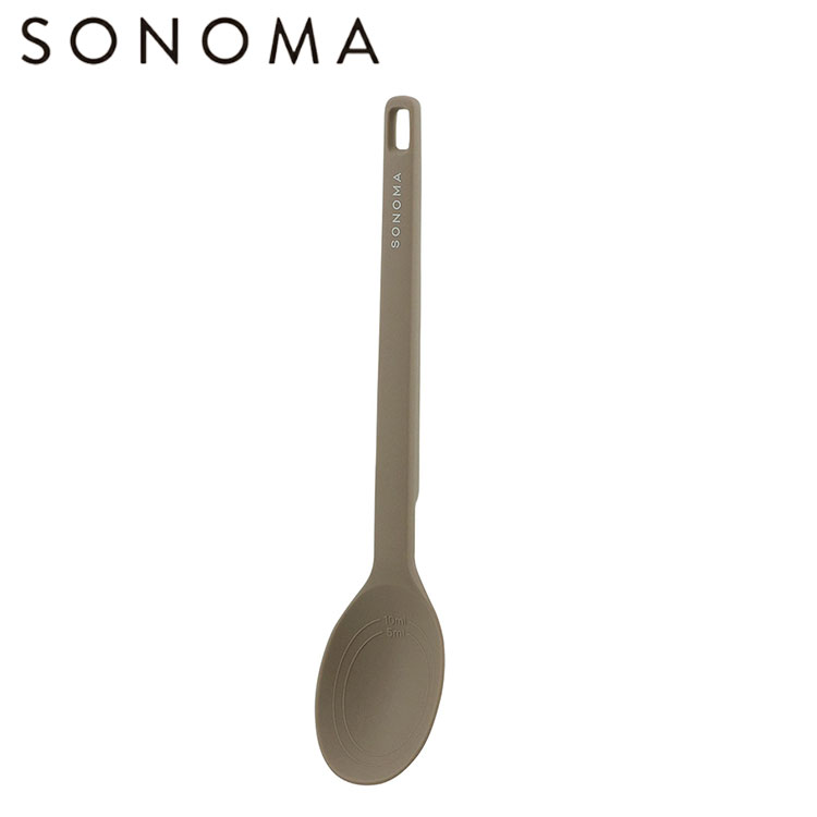 【商品説明】マグネット内蔵で様々な場所にくっつくキッチンツール。SONOMAシリーズ。ガラス蓋のつまみやハンドル、スタンドなど様々な場所にくっつけることができます。小さじや大さじが測れる目盛付きなので便利。【商品情報】■サイズ(約)幅29×奥行6×高さ3.5cm■質量70g■材質本体中芯：ナイロン、本体表面：ナイロン、持ち手の穴：シリコン・ナイロン■生産国中国【送料について】北海道、沖縄、離島は送料を頂きます。SONOMA 鍋敷き ミトンパープルブラウンブラックSONOMA キッチンツールお玉穴あきターナー調理スプーン菜箸トングキッチンツールスタンドSONOMA フライパン20cm/ガラス蓋20cm/マルチポット24cm/ガラス蓋24cm/フライパン24cm/深型フライパン24cm/仕切りつきフライパン24cm/グリルパン フライパン着脱式ハンドル24cm/フライパン+ハンドルセット5点セット7点セット
