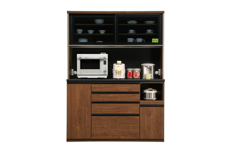 食器棚 キッチンボード 幅150 奥行48 高さ198 完成品 国産 モイス加工 レンジ台 レンジボード 大容量 ソフトクローズ キッチン 収納 木目 フルオープンレール ブラック ウォールナット(代引不可)【送料無料】