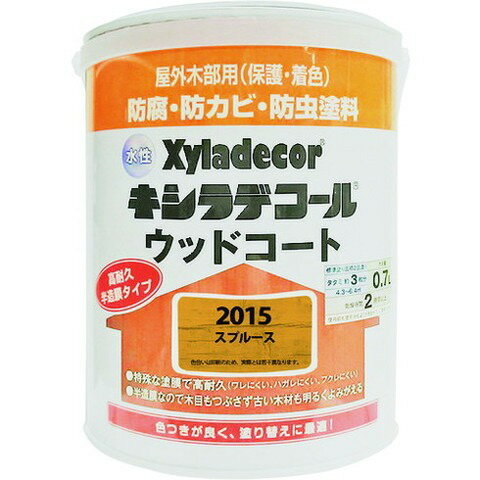 【商品詳細】●木材保護塗料のトップブランド「キシラデコール」の水性半造膜（造膜性能・浸透性能を兼ね備えた）タイプです。●半造膜なので木目もつぶさず、摩耗が多いウッドデッキなどの塗り替えに最適です。●屋外の木部(ウッドデッキ、ラティス、パーゴラ、ベンチ、ログハウス、羽目板、板へい)に。●色：スプルース●容量(L)：0.7●乾燥時間：約4時間(20℃）●塗り重ね可能時間：2時間以上(20℃）●塗布面積(［［M2］］)：4.3〜6.4（2回塗り）●塗布面積：4.3〜6.4［［M2］］●スプルース●容量(L)●0.7●塗布面積(［［M2］］)●4.3〜6.4（2回塗り）材質／仕上●ビニールエステル樹脂●顔料●水●木部用防腐剤セット内容／付属品●防カビ剤●防虫剤JANコード 4571152256325【代引きについて】こちらの商品は、代引きでの出荷は受け付けておりません。【送料について】北海道、沖縄、離島は送料を頂きます。