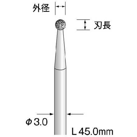 【商品スペック】特長●優れた電着技術により高い研削性に加え長寿命です。用途仕様●粒度(#)：200●刃径(mm)：1●刃長(mm)：1●軸径(mm)：3●全長(mm)：45●形状：球形状●最高使用回転数(rpm)：100000●ベルト走行スピード(m/min)：200●R面取り量：3●C面取り量：100000●チャック内径(mm)：1仕様2●適合素材:工具鋼、合金鋼、一般鋼、ステンレス●軸径：φ3.0●刃径（mm):1.0●刃長（mm）：1.0●全長（mm）：45●形状：球形状●優れた電着技術により高い研削性に加え長寿命材質／仕上セット内容／付属品注意【代引きについて】こちらの商品は、代引きでの出荷は受け付けておりません。【送料について】北海道、沖縄、離島は送料を頂きます。