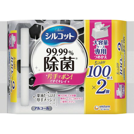 【商品スペック】特長●詰替え大容量100枚の2個パックです。●テーブル・キッチンなどの身の回りを99.99％除菌できるウェットティッシュです。●ワンプッシュオープンと特許技術“やわらかV字スリット”で片手でシートを1枚ずつサッと取り出せます。●しっかり拭ける厚手メッシュシートを採用しています。●詰替えができて経済的です。用途●職場・仕事場の衛生管理に●テーブル・キッチンなどの除菌に。仕様●シートサイズ(mm)：135×190●ケース入数：6●入数(枚)：100×2個●タイプ：詰替用/アルコール●香り：無香料仕様2●アルコールタイプ99.99％除菌●詰替用材質／仕上●不織布セット内容／付属品注意【代引きについて】こちらの商品は、代引きでの出荷は受け付けておりません。【送料について】北海道、沖縄、離島は送料を頂きます。