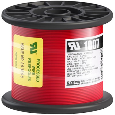 特長●UL WL-1及び電気用品安全法-F-の難燃試験に合格します。●UL・CSA共用です。仕様●色：赤●芯数：1●全長(m)：100●定格：300V●外径寸法(mm)：約1.4●導体(より線)断面積：AWG24●定格温度(℃)：80●許容...