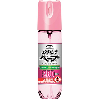 特長●薬剤がすばやく広がり速効退治します。●薬剤が空間に漂い、後から侵入した蚊も駆除します。●床や壁についた薬剤が再び漂い、1日中効果が持続します。●残量が見えるクリアボトルを採用しています。用途●蚊の駆除に。仕様●効果持続目安：24時間●効果範囲目安：4.5〜8畳●容量(ml)：58.33●タイプ：280回分●香り：フルーティフローラル●幅(mm)：120●高さ(mm)：215仕様2●ワンプッシュ式●防除用医薬部外品注意●防除用医薬部外品です。●効果持続期間は、4.5〜8畳で使用した場合です。原産国（名称）：日本メーカー名：フマキラー【代引きについて】こちらの商品は、代引きでの出荷は受け付けておりません。【送料について】北海道、沖縄、離島は送料を頂きます。