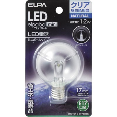 特長●光源にはLEDを使用していますので、消費電力が少ない省エネタイプです。●電飾、サイン用照明に適しています。仕様●明るさ(lm)：55●光源色：クリア昼白色相当●外径(mm)：50●全長(mm)：70●消費電力(W)：1.2●口金：E17●定格寿命(時間)：30000●幅(mm)：50●標準消費電力料金：0.03円/h●電源(V)：AC100V●交流電源：100V 50/60Hz共用●定格入力電流(A)：0.014●設計寿命(時間)：30000●光色：昼白色相当仕様2●屋内用●定格寿命：30000時間原産国（名称）：台湾【代引きについて】こちらの商品は、代引きでの出荷は受け付けておりません。【送料について】北海道、沖縄、離島は送料を頂きます。