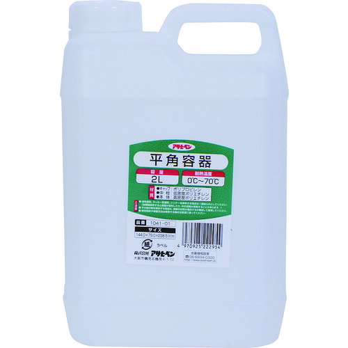 特長●塗料の小分け、保存、調色など幅広い用途に対応の容器です。用途●塗料の小分け保存に。仕様●容量(L)：2●色：乳白色●幅(mm)：144●注ぎ口径(mm)：41.7●外形寸法(mm)直径×高さ：94.5×216.5材質/仕上●（キャップ）ポリプロピレン・（中栓）低密度ポリエチレン・（本体）高密度ポリエチレン。●●耐熱温度：0℃〜70℃。原産国：日本【代引きについて】こちらの商品は、代引きでの出荷は受け付けておりません。【送料について】北海道、沖縄、離島は送料を頂きます。