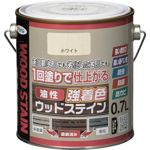 特長●隠ぺい性が高く、劣化した木部もきれいに仕上がり、塗り替えに最適です。●防虫、防腐、防カビ効果のある屋外木部専用塗料です。●安全性に配慮した薬剤を使用しています。●1回塗りで仕上がりますので、作業時間が短縮できます。用途●ウッドデッキ、ラティス、トレリス、プランターなどのガーデン用木製品や外板・板べいなどの屋外木部に。仕様●色：ホワイト●容量(L)：0.7●乾燥時間：夏期:4〜6時間、冬期:8〜15時間●塗り重ね可能時間：夏期/6時間以上、冬期/15時間以上●塗り重ね回数：1●塗布面積(［［M2］］)：5.2〜7.0、吸い込みが激しい面：3.5〜4.9仕様2●合成樹脂塗料材質/仕上●合成樹脂（アルキド樹脂）、有機溶剤、顔料、防カビ剤、防虫剤、防腐剤注意●古い木材や旧塗膜のある木材の場合は、必ず下地処理後に塗装してください。●絶えず水がかかったり、いつも湿っているところには適しません。原産国：日本【代引きについて】こちらの商品は、代引きでの出荷は受け付けておりません。【送料について】北海道、沖縄、離島は送料を頂きます。