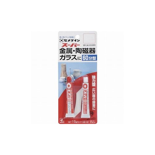 【商品スペック】■特長・耐水性、耐熱性に優れた、硬化時間が60分からはじまり、作業時間に余裕があるエポキシ系の接着剤です。硬いものの接着に向いています。■用途・金属、陶磁器、ガラス、木などの接着。■仕様・容量(g)：15・色：硬化後淡色透明■仕様2・チューブタイプ■材質／仕上・主成分：エポキシ樹脂■セット内容／付属品・A液（主剤）7.5g　B液（硬化剤）7.5g・ヘラ、ねり板■注意【代引きについて】こちらの商品は、代引きでの出荷は受け付けておりません。【送料について】北海道、沖縄、離島は別途送料を頂きます。