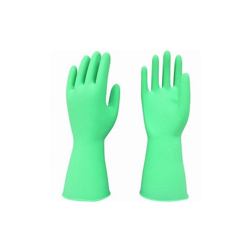 【商品スペック】■特長・天然ゴム製のため、引き裂きに強く、しなやかで作業性の良い手袋です。・指、手のひらにスベリ止め加工を施しているため、グリップ性に優れています。・裏植毛付きのため、肌触りが良くスムーズに着脱可能です。・食品衛生法に基づく、食品・添加物などの規格基準（昭和34年厚生省告示第370号）に適合しています。・作業性・耐久性を両立した中厚手タイプです。・柔らかく使いやすい中あつ手タイプです。■用途・家庭内作業、炊事、洗濯などに。・農業、園芸などに。・軽作業に。■仕様・色：グリーン・サイズ：L・全長(cm)：32.0・手のひら周り(cm)：20.4・中指長さ(cm)：8.4・厚さ(mm)：0.35・すべり止め：指、手のひら部スベリ止め加工・食品衛生法：食品衛生法適合品■仕様2・裏植毛付■材質／仕上・表:天然ゴム・裏:綿（植毛）■セット内容／付属品■注意【代引きについて】こちらの商品は、代引きでの出荷は受け付けておりません。【送料について】北海道、沖縄、離島は別途送料を頂きます。