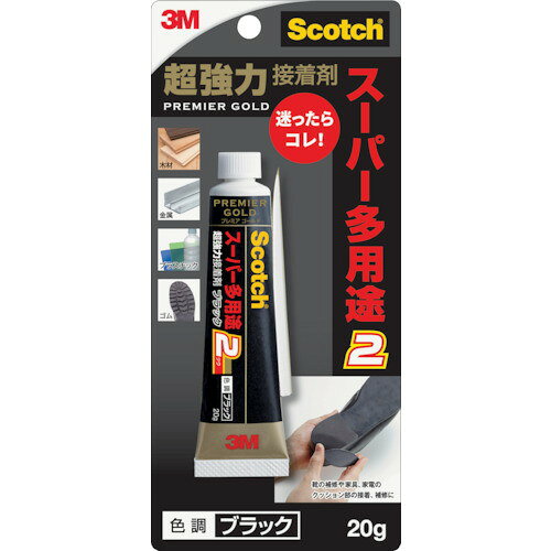 メーカー：スリーエムジャパン【商品特徴】●木・金属はもちろん、つきにくいポリプロピレン、ポリエチレン、塩ビ、シリコーンゴムにも使える高性能な無溶剤接着剤です。●屋外や水まわり、凸凹面にも使用可能です。【用途】●金属、プラスチック、軟質塩化ビニル、合成ゴム、木、皮革、陶磁器、タイルなどの接着●各種工作・模型製作●家具等の補修【仕様】●色：ブラック●使用温度範囲(℃)：−20 〜80●容量(g)：20●硬化時間：(透湿素材25℃、湿度50%)：約1日【仕様2】●無溶剤型●硬化後の使用温度範囲： −20 〜80℃●硬化時間(25℃)：約1日●チューブタイプ【材質/仕上】●主成分：変成シリコーン樹脂、無機物【注意事項】●貴金属、食器、高価格品、フッ素系の素材には使用しないでください。●ポリエチレンフィルムは、つきにくい場合があります。質量：30g原産国（名称）：日本JAN：4549395356041※メーカーの都合によりパッケージ、内容等が変更される場合がございます。当店はメーカーコード（JANコード）で管理をしている為それに伴う返品、返金等の対応は受け付けておりませんのでご了承の上お買い求めください。【代引きについて】こちらの商品は、代引きでの出荷は受け付けておりません。【送料について】北海道、沖縄、離島は別途送料を頂きます。
