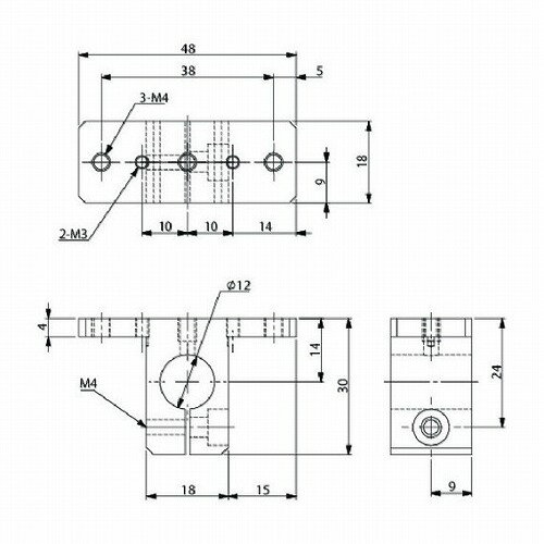 【商品スペック】特長●取付面にタップ加工を施しており、シリンダー等の取付が可能です。用途仕様●適合サイズ(mm)：φ12(MCD用)●幅(mm)：48●奥行(mm)：18●高さ(mm)：30●取付穴：M3・M4●呼び寸法(mm)d×L：18仕様2●ジャングルジムシリーズ材質/仕上●超ジュラルミンセット内容/付属品注意【代引きについて】こちらの商品は、代引きでの出荷は受け付けておりません。【送料について】北海道、沖縄、離島は別途送料を頂きます。