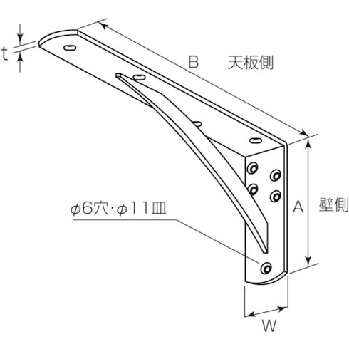【商品スペック】特長●ワイド38巾と大きいサイズです。●全種類補強付で強度が高くなっています。●丸みをつけ、デザイン性が上がっています。用途●棚受、陳列棚などに。仕様●色：マットブラック●板厚(mm)：4.5●H(mm)：150●D(mm)：300●W(mm)：38●取付穴数：6●取付穴数(個)：6●耐荷重(kg)：80●耐荷重(2本)(kg)：160●ねじサイズ(長)(mm)：45●ねじサイズ(短)(mm)：16●耐荷重(1個)(kg)：80●表面仕上：マットブラック仕様2材質／仕上●スチールセット内容／付属品●皿タッピンネジ5.0×16、皿タッピンネジ5.0×45注意【代引きについて】こちらの商品は、代引きでの出荷は受け付けておりません。【送料について】北海道、沖縄、離島は送料を頂きます。