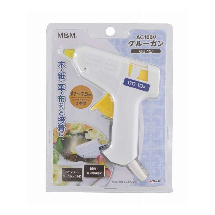 商品説明文●木・革・布・紙等の固定・貼り付けに●プラスチック・金属・ガラス等の仮止めにスペック●木・革・布・紙等の固定・貼り付けに●プラスチック・金属・ガラス等の仮止めに●フラワーアレンジメントに●補修・室内装飾に●φ7〜7.5mmグルースティック2本付●グル—スティック×2●スタンド×1●＜本体＞●定格電圧：AC100V●定格周波数：50/60Hz●定格消費電力：6W●電源コード長：約1.5m※約φ7〜7.5mmのグル—スティックが使用できます。＜家庭用品品質表示法に基づく表示＞●種類：熱溶融形接着剤（グルースティック）●成分：エチレン・酢酸ビニル樹脂60％/ロジン酸ペンタエリスリチル30％/ワックス10％●溶解温度：約85℃●正味量：約22g●パッケージサイズ140x185x53mm●中国【代引きについて】こちらの商品は、代引きでの出荷は受け付けておりません。【送料について】沖縄、離島は送料を頂きます。