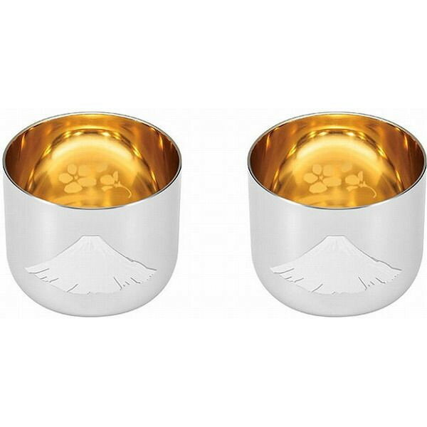 日本製 燕三条 ステンレスぐい呑み (赤富士) 2P (内面金メッキ「桜柄入]仕上げ)(代引不可)【送料無料】