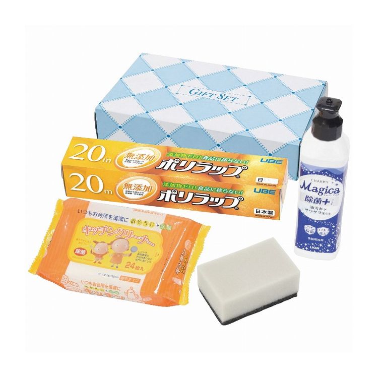 【商品特徴】お台所の必需品4点セットです【製造者】ナカガワ【箱サイズ（cm）】24×19.1×5cm【現品サイズ・内容】ポリラップ(22cm×20m)・220mlライオンチャーミーマジカ除菌プラス各1本・キッチンクリーナー(24枚入)・抗菌スポンジ各1個・［日本・中国製］【製造生産地】日本 中国※メーカーの都合によりパッケージ、内容等が変更される場合がございます。当店はメーカーコード（JANコード）で管理をしている為それに伴う返品、返金等の対応は受け付けておりませんのでご了承の上お買い求めください。【送料について】北海道、沖縄、離島は送料を頂きます。