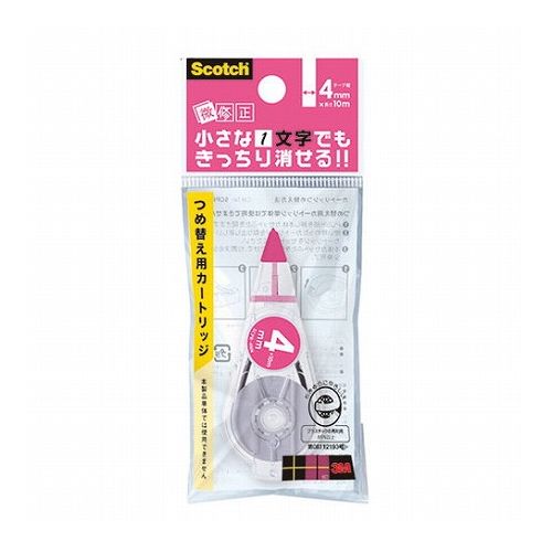 スコッチ 修正テープ 微修正 交換用カートリッジ 4mmテープの切れがよく、文字間の小さな1文字を的確に消す事が出来ます。本体ケースはワンプッシュで開き、詰め替えの交換が簡単にできます。つきがよく、ムラや浮きにになりにくいテープです。特殊形状の転写ヘッドでどんな角度でも軽い力で転写が可能です。テープが逆戻りしない逆転防止機構を採用しています。ドライタイプだから、修正後すぐに書き込みできます。テープ残量が一目で分かる透明ボディです。本体はどの幅のカートリッジにも使用できます。交換式。生産国…マレーシア1個当たりのパッケージサイズ…55×130×14mm1個当たりのパッケージ重量…11g重量：330g【代引きについて】こちらの商品は、代引きでの出荷は受け付けておりません。【送料について】北海道、沖縄、離島は別途送料を頂きます。