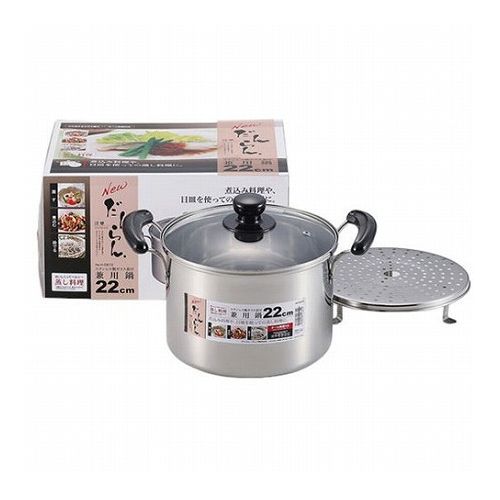 NEWだんらん ステンレス製ガラス蓋付兼用鍋22cm○煮込み料理や目皿を使っての蒸し料理に。商品サイズ(約) : 345×240×215mm板厚(約) : 0.4mm容量L(約) : 6.2L本体 : ステンレス鋼(クロム14%)(底の厚さ0.4mm)取っ手 : フェノール樹脂(耐熱温度150度)目皿 : ステンレス鋼蓋 品名/強化ガラス製器具強化の種類/全面物理強化その他の材料金属部 : ステンレス鋼つまみ : フェノール樹脂(耐熱温度150度)つまみの台座 : ナイロン(耐熱温度200度)生産国 : 中国【代引きについて】こちらの商品は、代引きでの出荷は受け付けておりません。【送料について】北海道、沖縄、離島は送料を頂きます。