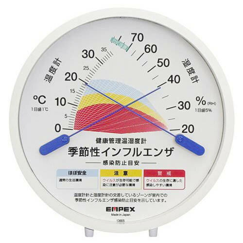 【内容】感染リスクを赤・黄・青の3段階でゾーン表示してくれる「感染防止目安温室時計」。季節性のインフルエンザの感染対策にもおすすめです。【仕様】●品番:TM-2584●サイズ:(約)H12.4xW12.0xD2.7cm●素材:(外枠材質)PS樹脂●重量:約95g●仕様:置掛兼用、(機能)温度・湿度計●原産国:日本【送料について】北海道、沖縄、離島は送料を頂きます。