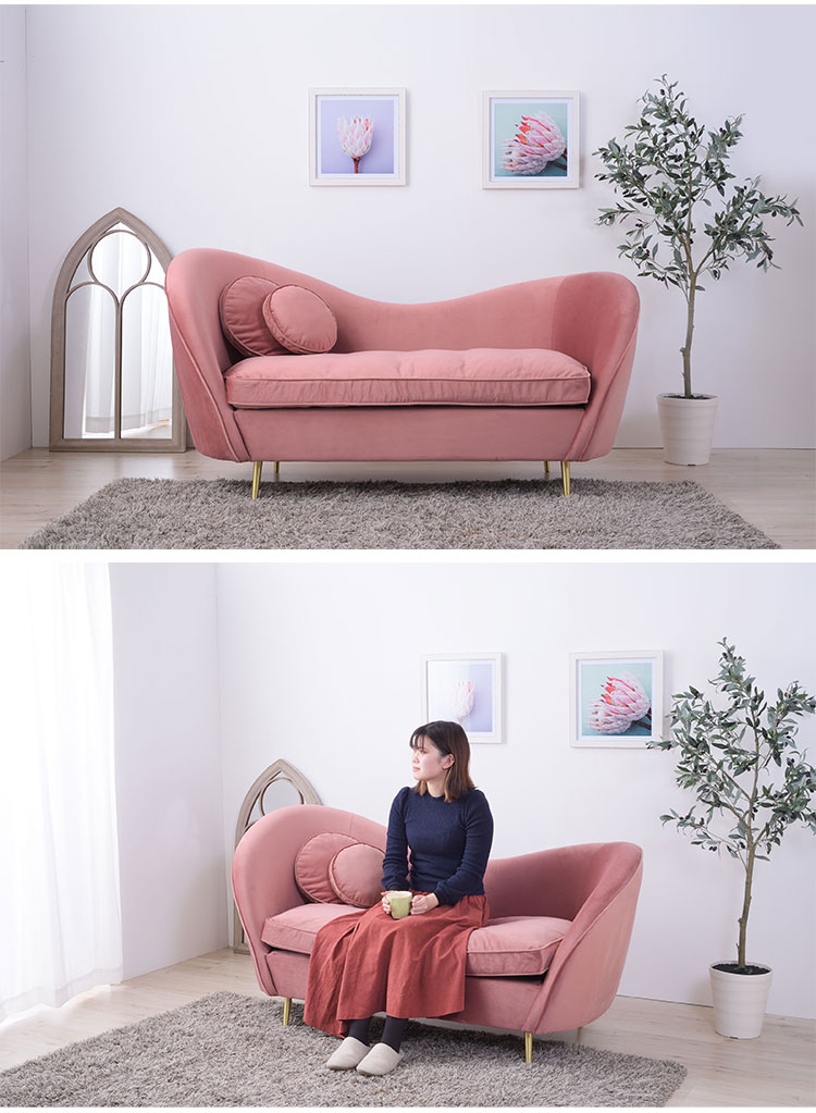ソファ ソファー 2人掛け 2人掛けソファー アーム付き 幅162cm ファブリック 布地 ベロア生地 クッション付き かわいい 高級感 上品 おしゃれ ピンク グレー(代引不可)【送料無料】