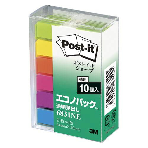 メーカー：スコッチ・3M品番：6831NEJANコード：4519001632692丈夫で破れにくいフィルムタイプ。透明で、下の文字などを隠さずにマークできます。1枚ずつ連続して取り出せるポップアップ式で、薄くて使いやすいディスペンサーに6色をセットしました。10個パック。●寸法／44×10mm●カラー／スカイブルー、パープル、ローズ、オレンジ、イエロー、メロン●1色／20枚●単位（入数）／1パック（6色入×10）●メーカー品番／6831NE※1パック単位でお申し込みください。仕様:透明見出し、透明ケース入り10個パック色:メロン、イエロー、オレンジ、ローズ、パープル、スカイブルーサイズ:44x10mm数量:20枚x6x10個まとめ買いにおすすめの10個パック。【送料について】北海道、沖縄、離島は送料を頂きます。