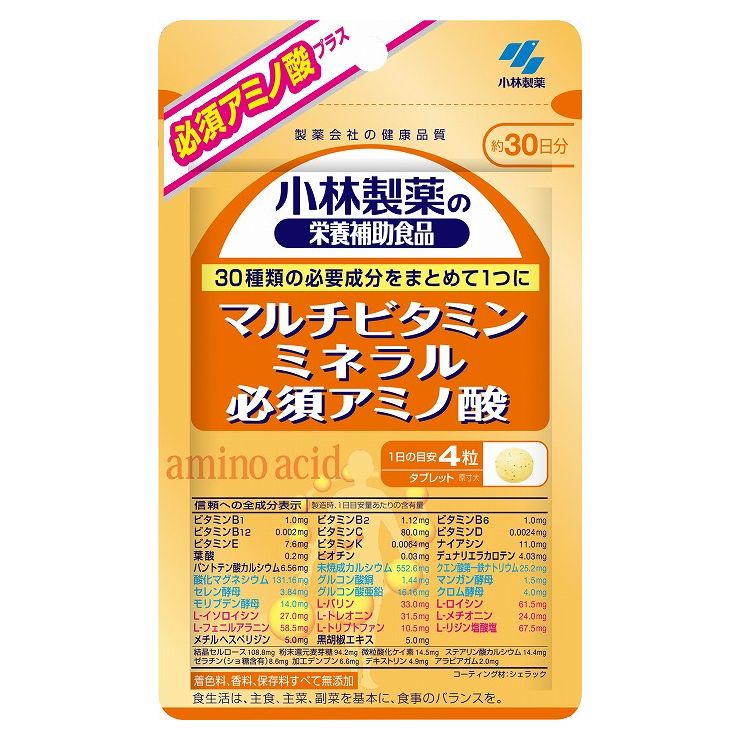 【商品詳細】30種類の必要成分をまとめて1つに必須アミノ酸プラス保健機能食品(ビタミンB1・ビオチン・ビタミンC・カルシウム・鉄)着色料、香料、保存料すべて無添加保健機能食品≪栄養機能食品≫ビタミンB1（83％） ビタミンB1は、炭水化物からのエネルギー産生と皮膚や粘膜の健康維持を助ける栄養素です。ビオチン（60％） ビオチンは、皮膚や粘膜の健康維持を助ける栄養素です。ビタミンC（80％） ビタミンCは、皮膚や粘膜の健康維持を助けるとともに、抗酸化作用を持つ栄養素です。カルシウム（30％） カルシウムは、骨や歯の形成に必要な栄養素です。鉄（37％） 鉄は、赤血球を作るのに必要な栄養素です。（％）は栄養素等表示基準値（18歳以上、基準熱量2,200kcal）に対する割合全成分表示（製造時、1日目安量あたりの含有量）ビタミンB1 1.0mgビタミンB2 1.12mgビタミンB6 1.0mgビタミンB12 0.002mgビタミンC 80.0mgビタミンD 0.0024mgビタミンE 7.6mgビタミンK 0.0064mgナイアシン 11.0mg葉酸 0.2mgビオチン 0.03mgデュナリエラカロテン 4.03mgパントテン酸カルシウム 6.56mg未焼成カルシウム 552.6mgクエン酸第一鉄ナトリウム 25.2mg酸化マグネシウム 131.16mgグルコン酸銅 1.44mgマンガン酵母 1.5mgセレン酵母 3.84mgグルコン酸亜鉛 16.16mgクロム酵母 4.0mgモリブデン酵母 14.0mgL-バリン 33.0mgL-ロイシン 61.5mgL-イソロイシン 27.0mgL-トレオニン 31.5mgL-メチオニン 24.0mgL-フェニルアラニン 58.5mgL-トリプトファン 10.5mgL-リジン塩酸塩 67.5mgメチルヘスペリジン 5.0mg黒胡椒エキス 5.0mg結晶セルロース 108.8mg粉末還元麦芽糖 94.2mg微粒酸化ケイ素 14.5mgステアリン酸カルシウム 14.4mgゼラチン（ショ糖含有） 8.6mg加工デンプン 6.6mgデキストリン 4.9mgアラビアガム 2.0mgコーティング材：シェラック栄養成分表示エネルギー 3.0kcalたんぱく質 0.25g脂質 0.036g炭水化物 0.43g食塩相当量 0.0018〜0.07gVB1 1.0mgVB2 1.12mgナイアシン 11mgVB6 1.0mg葉酸 200μgVB12 2.0μgビオチン 30μgパントテン酸 6.0mgVC 80mgVD 2.4μgVE 7.6mgVK 6.4μgCa 210mg鉄 2.52mgMg 75mg銅 0.2mgマンガン 0.0018〜0.072mgセレン 7.6μg亜鉛 2.0mgクロム 8μgモリブデン 1.1〜11.2μgβ-カロテン 1075μgバリン 33mgロイシン 61.5mgイソロイシン 27mgトレオニン 31.5mgメチオニン 24mgフェニルアラニン 58.5mgトリプトファン 10.5mgリジン 54mgメチルヘスペリジン 5.0mg原材料名粉末還元麦芽糖、モリブデン酵母、ゼラチン(ショ糖含有)、ビタミンE含有植物油、黒胡椒エキス、デキストリン、クロム酵母、セレン酵母、マンガン酵母/未焼成Ca、酸化Mg、結晶セルロース、V.C、L-リジン塩酸塩、L-ロイシン、L-フェニルアラニン、L-バリン、L-トレオニン、L-イソロイシン、クエン酸鉄Na、L-メチオニン、グルコン酸亜鉛、微粒酸化ケイ素、ステアリン酸Ca、ナイアシン、L-トリプトファン、シェラック、加工デンプン、パントテン酸Ca、メチルヘスペリジン、デュナリエラカロテン、アラビアガム、グルコン酸銅、V.B6、V.B2、V.B1、葉酸、ビオチン、V.K、V.D、V.B12内容量43.2g（360mg×120粒）召し上がり方1日の目安：4粒栄養機能食品として 1日4粒を目安に、かまずに水またはお湯とともにお召し上がりください。食生活は、主食、主菜、副菜を基本に、食事のバランスを。使用上の注意本品は、多量摂取により疾病が治癒したり、より健康が増進するものではありません。1日の摂取目安量を守ってください。多量に摂取すると軟便（下痢）になることがあります。乳幼児・小児は本品の摂取を避けてください。妊娠・授乳中の方は摂らないでください。薬を服用中、通院中の方は医師にご相談ください。食物アレルギーの方は原材料名をご確認の上、お召し上がりください。体質体調により、まれに体に合わない場合（発疹、胃部不快感など）があります。その際はご使用を中止ください。ビタミンB2の影響で尿が黄色くなることがあります。天然由来の原料を使用のため色等が変化することや、水に濡れると成分の性質によリ錠剤が黒色または茶色に変色することがありますが、品質に問題はありません。本品は、特定保健用食品と異なり、消費者庁長官による個別審査を受けたものではありません。保管および取扱い上の注意直射日光を避け、湿気の少ない涼しい所に保存してください。賞味期限　パッケージに記載栄養機能食品(栄養成分：ビタミンB1・ビオチン・ビタミンC・カルシウム・鉄)日本製発売元、製造元、輸入元又は販売元小林製薬※予告なくパッケージリニューアルをされる場合がございますがご了承ください。※パッケージ変更に伴うご返品はお受け致しかねます。※メーカーの都合により予告なくパッケージ、仕様等が変更となる場合がございます。※当店はJANコードにて管理を行っている為、それに伴う返品、交換等はお受けしておりませんので事前にご了承の上お買い求めください。【送料について】北海道、沖縄、離島は送料を頂きます。【商品詳細】30種類の必要成分をまとめて1つに必須アミノ酸プラス保健機能食品(ビタミンB1・ビオチン・ビタミンC・カルシウム・鉄)着色料、香料、保存料すべて無添加保健機能食品≪栄養機能食品≫ビタミンB1（83％） ビタミンB1は、炭水化物からのエネルギー産生と皮膚や粘膜の健康維持を助ける栄養素です。ビオチン（60％） ビオチンは、皮膚や粘膜の健康維持を助ける栄養素です。ビタミンC（80％） ビタミンCは、皮膚や粘膜の健康維持を助けるとともに、抗酸化作用を持つ栄養素です。カルシウム（30％） カルシウムは、骨や歯の形成に必要な栄養素です。鉄（37％） 鉄は、赤血球を作るのに必要な栄養素です。（％）は栄養素等表示基準値（18歳以上、基準熱量2,200kcal）に対する割合全成分表示（製造時、1日目安量あたりの含有量）ビタミンB1 1.0mgビタミンB2 1.12mgビタミンB6 1.0mgビタミンB12 0.002mgビタミンC 80.0mgビタミンD 0.0024mgビタミンE 7.6mgビタミンK 0.0064mgナイアシン 11.0mg葉酸 0.2mgビオチン 0.03mgデュナリエラカロテン 4.03mgパントテン酸カルシウム 6.56mg未焼成カルシウム 552.6mgクエン酸第一鉄ナトリウム 25.2mg酸化マグネシウム 131.16mgグルコン酸銅 1.44mgマンガン酵母 1.5mgセレン酵母 3.84mgグルコン酸亜鉛 16.16mgクロム酵母 4.0mgモリブデン酵母 14.0mgL-バリン 33.0mgL-ロイシン 61.5mgL-イソロイシン 27.0mgL-トレオニン 31.5mgL-メチオニン 24.0mgL-フェニルアラニン 58.5mgL-トリプトファン 10.5mgL-リジン塩酸塩 67.5mgメチルヘスペリジン 5.0mg黒胡椒エキス 5.0mg結晶セルロース 108.8mg粉末還元麦芽糖 94.2mg微粒酸化ケイ素 14.5mgステアリン酸カルシウム 14.4mgゼラチン（ショ糖含有） 8.6mg加工デンプン 6.6mgデキストリン 4.9mgアラビアガム 2.0mgコーティング材：シェラック栄養成分表示エネルギー 3.0kcalたんぱく質 0.25g脂質 0.036g炭水化物 0.43g食塩相当量 0.0018〜0.07gVB1 1.0mgVB2 1.12mgナイアシン 11mgVB6 1.0mg葉酸 200μgVB12 2.0μgビオチン 30μgパントテン酸 6.0mgVC 80mgVD 2.4μgVE 7.6mgVK 6.4μgCa 210mg鉄 2.52mgMg 75mg銅 0.2mgマンガン 0.0018〜0.072mgセレン 7.6μg亜鉛 2.0mgクロム 8μgモリブデン 1.1〜11.2μgβ-カロテン 1075μgバリン 33mgロイシン 61.5mgイソロイシン 27mgトレオニン 31.5mgメチオニン 24mgフェニルアラニン 58.5mgトリプトファン 10.5mgリジン 54mgメチルヘスペリジン 5.0mg原材料名粉末還元麦芽糖、モリブデン酵母、ゼラチン(ショ糖含有)、ビタミンE含有植物油、黒胡椒エキス、デキストリン、クロム酵母、セレン酵母、マンガン酵母/未焼成Ca、酸化Mg、結晶セルロース、V.C、L-リジン塩酸塩、L-ロイシン、L-フェニルアラニン、L-バリン、L-トレオニン、L-イソロイシン、クエン酸鉄Na、L-メチオニン、グルコン酸亜鉛、微粒酸化ケイ素、ステアリン酸Ca、ナイアシン、L-トリプトファン、シェラック、加工デンプン、パントテン酸Ca、メチルヘスペリジン、デュナリエラカロテン、アラビアガム、グルコン酸銅、V.B6、V.B2、V.B1、葉酸、ビオチン、V.K、V.D、V.B12内容量43.2g（360mg×120粒）召し上がり方1日の目安：4粒栄養機能食品として 1日4粒を目安に、かまずに水またはお湯とともにお召し上がりください。食生活は、主食、主菜、副菜を基本に、食事のバランスを。使用上の注意本品は、多量摂取により疾病が治癒したり、より健康が増進するものではありません。1日の摂取目安量を守ってください。多量に摂取すると軟便（下痢）になることがあります。乳幼児・小児は本品の摂取を避けてください。妊娠・授乳中の方は摂らないでください。薬を服用中、通院中の方は医師にご相談ください。食物アレルギーの方は原材料名をご確認の上、お召し上がりください。体質体調により、まれに体に合わない場合（発疹、胃部不快感など）があります。その際はご使用を中止ください。ビタミンB2の影響で尿が黄色くなることがあります。天然由来の原料を使用のため色等が変化することや、水に濡れると成分の性質によリ錠剤が黒色または茶色に変色することがありますが、品質に問題はありません。本品は、特定保健用食品と異なり、消費者庁長官による個別審査を受けたものではありません。保管および取扱い上の注意直射日光を避け、湿気の少ない涼しい所に保存してください。賞味期限　パッケージに記載栄養機能食品(栄養成分：ビタミンB1・ビオチン・ビタミンC・カルシウム・鉄)日本製発売元、製造元、輸入元又は販売元小林製薬