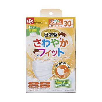 【商品特徴】1、オメガプリーツ形状で口元2、頬にフィットしやすい3、持ち歩きに便利な個別包装4、耳にやさしい幅広ゴム5、全国マスク工業会マーク有6、日本国内のクリーンルームで生産7、JIS適合審査適合商品ガードエンボス加工 ゆったり立体加工【材質・成分】本体・フィルタ部：ポリプロピレンノーズフィッター部：ポリエチレン耳ひも部：ポリエステル・ポリウレタン【製造者】レック【生産国】日本【内容量】30枚※メーカーの都合によりパッケージ、内容等が変更される場合がございます。当店はメーカーコード（JANコード）で管理をしている為それに伴う返品、返金等の対応は受け付けておりませんのでご了承の上お買い求めください。【送料について】北海道、沖縄、離島は送料を頂きます。さわやかフィットマスクふつう 30枚入ふつう 60枚入小さめ 30枚入小さめ 60枚入子ども用 30枚入子ども用 60枚入