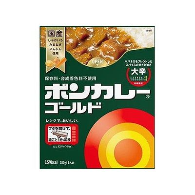 商品概要メーカー：大塚食品商品名：【軽】ボンカレーゴールド大辛（180g）区分：食品内容量：180g商品概要：ハバネロピューレとスモーキーなチポトレをブレンドした辛さと旨さが広がるカレーJANコード：4901150112390商品コード：126200936商品の特徴国産のじゃがいも・たまねぎ・にんじんを使用。ハバネロピューレとスモーキーなチポトレをブレンドした辛さと旨さが広がるカレーです。保存料・合成着色料不使です。原材料／成分／素材／材質野菜（じゃがいも（遺伝子組換えでない）、にんじん）、ソテーオニオン、小麦粉、牛肉、食用油脂、砂糖、フルーツチャツネ、カレー粉、食塩、ブイヨン（ビーフ、チキン、ポーク）、香辛料、トマトペースト、カレーペースト、りんごペースト、赤ワイン、ウスターソース、乳製品、酵母エキス、エシャロットペースト、発酵調味料／調味料（アミノ酸等）、増粘剤（加工デンプン）、カラメル色素、スパイス抽出物、酸味料、香料、パプリカ色素、リンゴ抽出物、（一部に小麦・乳成分・牛肉・大豆・鶏肉・バナナ・豚肉・りんごを含む）食品添加物：調味料（アミノ酸等）、増粘剤（加工デンプン）、カラメル色素、スパイス抽出物、酸味料、香料、パプリカ色素、リンゴ抽出物栄養成分1人前（180g）当たりエネルギー159kcal、たんぱく質4．5g、脂質7．6g、炭水化物19．4g、糖質16．9g、食物繊維2．5g、食塩相当量2．5g（ナトリウム999mg）アレルギー表示小麦、乳成分、牛肉、大豆、鶏肉、バナナ、豚肉、りんご賞味期限／使用期限（製造から）16か月使用方法／召し上がり方「フタをあけ、箱ごとレンジで調理」1．おもて面のOPENよりフタをあけ、しっかりと180度折り返してください。（中袋は箱に入れたまま、封は切らないでください。）2．フタをしっかりと折り返したまま箱ごとレンジに入れ、表を目安に加熱してください。中袋がふくらみ、蒸気口から蒸気が抜けます。3．加熱終了後、電子レンジから箱を持って取り出してください。●加熱時間の目安500W1分40秒600W1分30秒700W1分20秒※電子レンジのオート（自動温め）機能は使用しないでください。※業務用電子レンジでは加熱しないでください。【お湯でも温められます】中袋の封を切らずに、沸騰したたっぷりのお湯の中で3〜5分間温めてください。※鍋にはフタをしないでください。使用上の注意※長時間加熱し続けると蒸気口から中身が吹きこぼれる場合があります。※中袋が開封しにくいときは、ハサミで開けてください。※加熱後は蒸気口が開くため、保存できません。※ソース中の黒い粒状のものは香辛料です。※オーブン・オーブントースター不可※レンジ取出時・加熱後開封時やけど注意発売元／製造元／輸入元大塚食品※予告なくパッケージリニューアルをされる場合がございますがご了承ください。※パッケージ変更に伴うご返品はお受け致しかねます。※メーカーの都合により予告なくパッケージ、仕様等が変更となる場合がございます。※当店はJANコードにて管理を行っている為、それに伴う返品、交換等はお受けしておりませんので事前にご了承の上お買い求めください。【送料について】北海道、沖縄、離島は送料を頂きます。