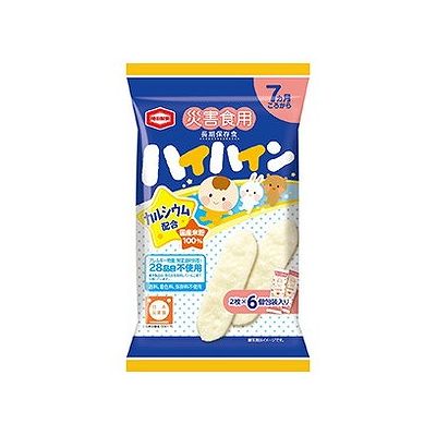 商品概要メーカー：尾西食品商品名：【軽】災害食用ハイハイン（2枚×6袋）区分：食品内容量：20g商品概要：【7ヶ月頃〜】赤ちゃん向けおやつを長期保存に。植物性乳酸菌K−2を配合。JANコード：4901313935446商品コード：212800626商品の特徴●すうっと溶ける口どけで、消化吸収の良いおせんべいです●お米の風味を生かした、やさしい味わいです●アレルギー物質（特定原材料等）28品目不使用、香料、着色料、保存料不使用です●カルシウム配合（1個包装あたり51mg）●乳児用規格適用食品原材料／成分／素材／材質うるち米（国産）、でん粉、砂糖、食塩、植物性乳酸菌（殺菌）／貝カルシウム栄養成分1個包装（2枚）あたり熱量13kcal、たんぱく質0．1g、脂質0．04g、炭水化物3．0g、食塩相当量0．02g、カルシウム51mgアレルギー表示無（本製品は、落花生を使用している工場で生産しています。）サイズ／カラー245mm×150mm×50mm対象年齢／性別7ヵ月ころから賞味期限／使用期限（製造から）2000日原産国・製造国日本保存方法●直射日光、高温多湿を避けて、常温で保存してください。使用上の注意●赤ちゃんはうまく飲み込めないことがありますので、必ずそばについて注意しながらあげてください。また、一人で食べられない場合は割って少しずつ食べさせてあげてください。●横になっている時やおんぶしている時は喉に詰まらせることがありますので、あげないでください。●喉に詰まらせないように湯冷まし（または麦茶）などと一緒に食べさせてあげてください。●包装フィルムを誤って飲み込まないようにご注意ください。●鮮度保持剤を封入しています。鮮度保持剤は食べないでください。発売元／製造元／輸入元尾西食品※予告なくパッケージリニューアルをされる場合がございますがご了承ください。※パッケージ変更に伴うご返品はお受け致しかねます。※メーカーの都合により予告なくパッケージ、仕様等が変更となる場合がございます。※当店はJANコードにて管理を行っている為、それに伴う返品、交換等はお受けしておりませんので事前にご了承の上お買い求めください。【送料について】北海道、沖縄、離島は送料を頂きます。