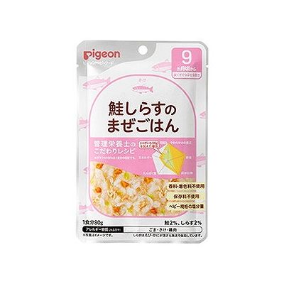 商品概要メーカー：ピジョン商品名：【軽】食育レシピ鮭しらすのまぜごはん（80g）区分：食品内容量：80g商品概要：【9ヶ月頃から】ピジョンのレトルトパウチ管理栄養士のこだわり！JANコード：4902508003797商品コード：126413874商品の特徴・歯ぐきでつぶせる固さ・9ヵ月頃からの赤ちゃんのかむ力の発達に合わせて、具材の大きさや固さを考えて調理しました。・素材の味を活かしたうす味仕立て。・着色料、香料、保存料は使用していません。・おさかなの風味豊かなやわらかごはんです原材料／成分／素材／材質精白米（国産）、野菜（にんじん、たまねぎ、キャベツ）、しらす干し、鮭、オイスターエキス、チキンエキス、ごま油、食塩／増粘剤（加工でん粉）アレルギー表示ごま、さけ、鶏肉（アレルギー物質（28品目中））※しらすは、えび・かにが混ざる漁法で採取しています。使用上の注意※しらすに黒い粒が見られますが、原料の一部です。品質には問題ありません。発売元／製造元／輸入元ピジョン※予告なくパッケージリニューアルをされる場合がございますがご了承ください。※パッケージ変更に伴うご返品はお受け致しかねます。※メーカーの都合により予告なくパッケージ、仕様等が変更となる場合がございます。※当店はJANコードにて管理を行っている為、それに伴う返品、交換等はお受けしておりませんので事前にご了承の上お買い求めください。【送料について】北海道、沖縄、離島は送料を頂きます。