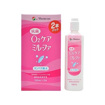 商品概要メーカー：メニコン商品名：抗菌O2ケアミルファ（120mL×2本パック）区分：日用雑貨内容量：120mL×2本パック商品概要：タンパク分解酵素と抗菌成分が入った1本タイプの酸素透過性ハードコンタクトレンズ用酵素洗浄保存液です。長く安定していられるタンパク分解酵素と、脂質汚れに対して有効な2種類の界面活性剤をバランスよく配合することでワンボトルで高い洗浄効果を実現。毎日のお手入れで、「洗浄」「保存」だけでなく、「タンパク除去」までできるかんたん1本ケアで、清潔・快適なアイライフをサポートします。JANコード：4984194123690商品コード：074301307商品の説明●タンパク分解酵素と抗菌成分が入った1本タイプの酸素透過性ハードコンタクトレンズ用酵素洗浄保存液●長く安定していられるタンパク分解酵素と、脂質汚れに対して有効な2種類の界面活性剤をバランスよく配合することでワンボトルで高い洗浄効果を実現●毎日のお手入れで、「洗浄」「保存」だけでなく、「タンパク除去」までできるかんたん1本ケアで、清潔・快適なアイライフをサポート使用上の注意●ご使用前には表示事項を必ずお読みください。●取扱方法を誤るとコンタクトレンズが装用できなくなるばかりか、眼に障害を起こす場合があります。少しでも異常を感じたら直ちに眼科医の診察を受けてください。●ソフトコンタクトレンズには使用できません。●コンタクトレンズのご使用は、コンタクトレンズの添付文書に従ってください。●点眼・服用しないでください。●コンタクトレンズ装用中、眼や皮ふに異常を感じた場合は、コンタクトレンズと本液の使用を中止し、医師に相談してください。●コンタクトレンズを長期間保存する場合は、保存する前に一度コンタクトレンズを洗浄してください。その後は1ヵ月ごとに本液を入れ替えてください。保存方法●直射日光を避け、冷暗所に凍結を避けて保管してください。●お子さまの手の届かないところに保管してください。●開封後はキャップをしっかりしめて保管し、できるだけ早めに使用してください。成分【主成分】陰イオン界面活性剤、非イオン界面活性剤、タンパク分解酵素賞味期限／使用期限（製造から）3年メーカー名メニコン内容量120mL×2本パック※予告なくパッケージリニューアルをされる場合がございますがご了承ください。※パッケージ変更に伴うご返品はお受け致しかねます。※メーカーの都合により予告なくパッケージ、仕様等が変更となる場合がございます。※当店はJANコードにて管理を行っている為、それに伴う返品、交換等はお受けしておりませんので事前にご了承の上お買い求めください。【送料について】北海道、沖縄、離島は送料を頂きます。