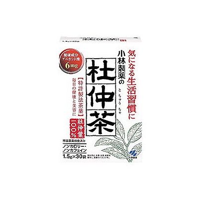 商品概要メーカー：小林製薬商品名：【軽】杜仲茶「煮出し用」（1．5gX30包入）区分：食品内容量：1．5gX30包商品概要：●杜仲茶●煮出し用●杜仲茶100％●ノンカロリー・ノンカフェイン●内容量：1．5gX30包み入JANコード：4987072016343商品コード：075618756商品の説明○杜仲葉配糖体の成分ゲニポシド酸を含有。毎日ご愛飲頂くほどにその良さを実感していただけます。○生活習慣の気になる方におすすめしたいお茶です。○ノンカロリー、ノンカフェイン。脂質も0mgの、体にやさしい健康茶です。○特許製法茶葉を使用。特許製法ですから、杜仲固有成分が濃く抽出できます。（特許第3101901号）○残留農薬検査済み（自社基準に準ずる）こんな方に塩分が気になる方に・スリムを目指す方に・脂肪が気になる方に・いつまでも若々しくいたい方に稀有な健康素材「杜仲」杜仲は、今からおよそ6000万年前から氷河期を生き抜いてきた、非常に生命力の強い植物です。「トチュウ科トチュウ属トチュウ」という一科一属一種のみで、地球上に仲間のいない、非常に珍しい貴重な植物でもあります。今も昔も杜仲は、人々の健康に役立てられ、重宝されてきました。「小林製薬の杜仲茶」は、そんな杜仲の新鮮な生葉を厳選。カフェインゼロなので、就寝前や、お子様も安心してお飲みいただけます。毎日の元気や美容にぜひおすすめの、体にやさしい健康茶です。使用上の注意≪定められた使用法を守ること≫保存方法◆直射日光を避け、涼しい乾燥した所に保存してください。使用方法ホットでも冷やしてもおいしくお飲みいただけます。お好みに応じて、1〜3袋まで増減してお召し上がりください。煮出した杜仲茶は冷蔵庫で保存し、お早めにお召し上がりください。成分0．8L（茶葉1．5g）あたりの含有量※1エネルギー/0kcaLたんぱく質/0g脂質/0g炭水化物/0gナトリウム/0mgゲニポシド酸/6mgカフェイン/0mg※1：水0．8Lに杜仲茶1袋（1．5g）を入れ、沸騰後10分間煮出した液について試験しました。原材料名杜仲葉(中国)製品の包装加工・検査は日本にて実施しています賞味期限／使用期限（製造から）2年メーカー名小林製薬内容量1．5gX30包商品区分食品※予告なくパッケージリニューアルをされる場合がございますがご了承ください。※パッケージ変更に伴うご返品はお受け致しかねます。※メーカーの都合により予告なくパッケージ、仕様等が変更となる場合がございます。※当店はJANコードにて管理を行っている為、それに伴う返品、交換等はお受けしておりませんので事前にご了承の上お買い求めください。【送料について】北海道、沖縄、離島は送料を頂きます。