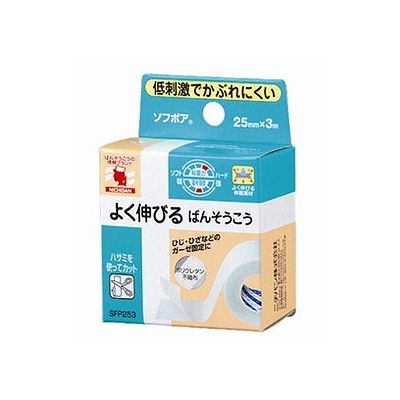 商品概要メーカー：ニチバン商品名：ソフポア区分：日用雑貨内容量：1個商品概要：低刺激でかぶれにくい絆創膏です。透湿性に優れ、ムレが少なくカブレにくい低刺激テープです。伸縮性に富み屈曲部にもよくつき、はがれにくいのも特徴です。はくり紙つき。JANコード：4987167040666商品コード：074902511商品の説明●低刺激でかぶれにくい絆創膏●透湿性に優れ、ムレが少なくカブレにくい低刺激テープ●伸縮性に富み屈曲部にもよくつき、はがれにくいのも特徴●はくり紙つきサイズ/カラー【サイズ】25mm×3m使用上の注意●皮ふを清潔にし、よく乾かしてからご使用ください。●キズ口には直接貼らないでください。●皮ふ刺激の原因になりますので、引っ張らずに(伸ばさずに)、貼ってください。●本品の使用により発疹・発赤、かゆみ等が生じた場合は使用を中止し、医師又は薬剤師に相談してください。●皮ふを傷めることがありますので、はがす時は、体毛の流れに沿ってゆっくりはがしてください。保存方法●小児の手のとどかない所に保管してください。●直射日光をさけ、なるべく湿気の少ない涼しい所に保管してください。使用方法裏紙をつけたままハサミなどで必要な長さにカットし、裏紙をはがし、テープを伸ばさず静かに置くように貼ってください。賞味期限／使用期限（製造から）3年メーカー名ニチバン内容量1個※予告なくパッケージリニューアルをされる場合がございますがご了承ください。※パッケージ変更に伴うご返品はお受け致しかねます。※メーカーの都合により予告なくパッケージ、仕様等が変更となる場合がございます。※当店はJANコードにて管理を行っている為、それに伴う返品、交換等はお受けしておりませんので事前にご了承の上お買い求めください。【送料について】北海道、沖縄、離島は送料を頂きます。