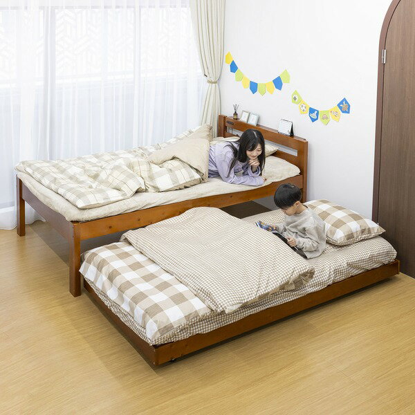 天然木 親子ベッド 〔 SDサイズ × Sサイズ ミドルブラウン 〕 木製 すのこ コンセント付き 棚付き ペアベッド 組立品【代引不可】