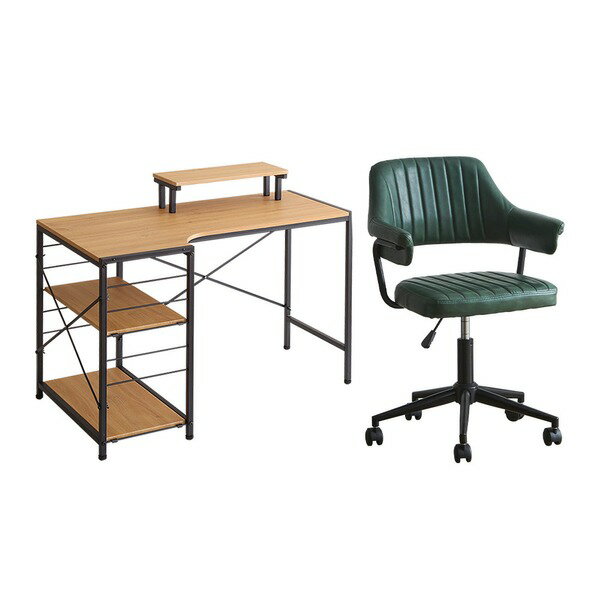 デスクチェア セット パソコンデスク約幅110cm シャビーオーク オフィスチェア グリーン ガス圧昇降 キ..
