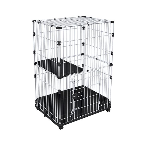 ■商品内容シックなカラーとデザインがスタイリッシュな空間を演出！ 棚板の取り付ける位置を変えられるので生活スタイルに合わせてカスタマイズ出来る。 ＜ステップ＞登り降り可能なステップ付。取付け位置を変更できるので、レイアウト変更も可能 ＜トレー形状＞砂が飛び散りにくい高さのある底トレー ＜屋根面付＞飛び出し防止にも配慮した開閉可能な屋根面付 ＜キャスター付＞移動に便利なキャスター付きでお掃除もらくらく■商品スペック■材質/素材 フェンス：鉄底トレー：ポリプロピレンステップ：ポリプロピレンプラスチックパーツ：ABS樹脂・ポリプロピレン■商品使用時サイズ（約） 【組立てサイズ】外寸：幅70.0×高さ101.0×奥行54.5cm※キャスター取付け時内寸：幅60.5×高さ93.5×奥行44.0cmステップサイズ：幅27.5×高さ3.0×奥行48.0cm扉サイズ：開口サイズ幅36.0×高さ44.5cm■原産国または製造国 マレーシア■諸注意 本品は猫用です。猫以外には使用しないでください。本品は室内用です。屋外では使用しないでください。人やペットが破片等を誤飲しないように注意してください。万一、誤飲した場合は各医師に相談してください。幼児、子供には絶対に使用させないでください。空袋は幼児、子供、ペットがおもちゃにしないように注意してください。本品の中に人が入ったり、上に乗ったりしないでください。組立て時には幼児、子供、ペットを近付けないでください。また家具、家財等にキズがつかないように注意してください。破損や事故の原因となりますので、不当な改造や修理はしないでください。飼い主の目の届く範囲で使用してください。使用前に破損箇所がないかを必ず確認してください。破損や事故の原因となりますので、開閉時には十分注意してください。猫が嫌がる場合は、無理に使用しないでください。転倒や破損の恐れがありますので、床面が水平で強度のある場所で使用してください。使用時には必ずキャスターをロック状態にしてください。屋根面からの猫の出し入れはしないでください。屋根面の開閉や着脱の際には、サークルの中から猫を出して行ってください。屋根面の上に物を置かないでください。本品の中やステップに猫を入れたまま移動させないでください。床面の材質等によっては、キャスターのキズ、跡等が残る場合がありますので注意してください。カビ、サビ等の原因となりますので尿や水等でぬれないよう注意してください。倒れやすい物や破損しやすい物のそばで使用しないでください。火気や水気のそばでの使用や保管はしないでください。幼児、子供、認知症の方、ペットのふれない所に保管してください。いつも清潔に保ってください。フェンスが汚れた場合は乾いた布等でふき取り、底トレー、ステップは水を含ませた布等でふき取ってください。熱湯、漂白剤、ベンジン、シンナー、アルコール等は使用しないでください。直射日光、高温多湿の場所をさけて保管してください。【キャンセル・返品について】商品注文後のキャンセル、返品は承りかねます。予めご了承下さい。■送料・配送についての注意事項●本商品の出荷目安は【1 - 5営業日　※土日・祝除く】となります。●お取り寄せ商品のため、稀にご注文入れ違い等により欠品・遅延となる場合がございます。●本商品は仕入元より配送となるため、沖縄・離島への配送はできません。[ A25537 ]