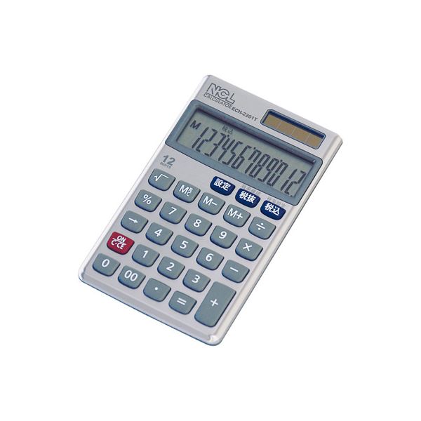 ■サイズ・色違い・関連商品関連商品の検索結果一覧はこちら■商品内容【ご注意事項】・この商品は下記内容×5セットでお届けします。■商品スペックビジネスに最適、ケース付きメタルカバー電卓●本体サイズ：タテ119×ヨコ70×厚さ9mm●本体重量：51g（本体単品）●材質：ABS+メタルカバー／プラスチックキー●特徴：12桁表示／税計算／早打ち対応／2つの電源●液晶表示文字サイズ：タテ13×ヨコ3mm■送料・配送についての注意事項●本商品の出荷目安は【1 - 6営業日　※土日・祝除く】となります。●お取り寄せ商品のため、稀にご注文入れ違い等により欠品・遅延となる場合がございます。●本商品は仕入元より配送となるため、沖縄・離島への配送はできません。[ ECH-2201T ]