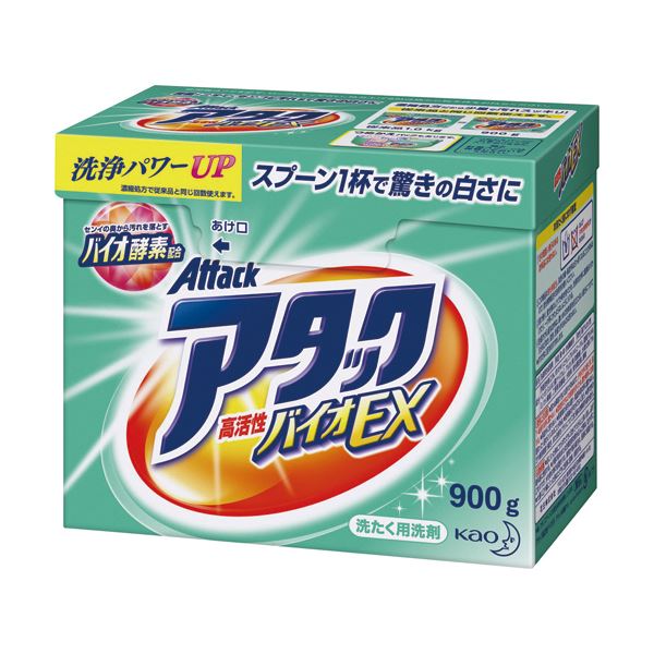 ■サイズ・色違い・関連商品■本体900g 1セット[当ページ]■つめかえパック 810g/1セット（8個） 2セット■商品内容●本体、900g×8個です。■商品スペックタイプ：本体洗剤の種類：粉末内容量：900g標準使用量：水30Lに対し18g備考：※標準使用量:水30Lに対し18g。シリーズ名：アタック【商品のリニューアルについて】メーカー都合により、予告なくパッケージデザインおよび仕様が変わる場合がございます。予めご了承ください。■送料・配送についての注意事項●本商品の出荷目安は【1 - 5営業日　※土日・祝除く】となります。●お取り寄せ商品のため、稀にご注文入れ違い等により欠品・遅延となる場合がございます。●本商品は仕入元より配送となるため、沖縄・離島への配送はできません。[ 365545 ]