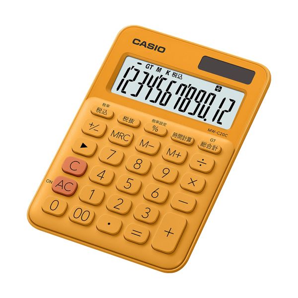 ■商品内容【ご注意事項】・この商品は下記内容×5セットでお届けします。●カラフル電卓、本体色はオレンジです。■商品スペック桁数：12桁寸法：W105×D149.5×H22.8mm質量：約110g色：オレンジメモリー：2機能：時間計算、早打ち対応、税計算、特大表示、計算状態表示、キーロールオーバー表示部：傾斜電源：TWO WAY(ソーラー・電池)電源保証期間：1年備考：※重量は電池を含む。■送料・配送についての注意事項●本商品の出荷目安は【1 - 4営業日　※土日・祝除く】となります。●お取り寄せ商品のため、稀にご注文入れ違い等により欠品・遅延となる場合がございます。●本商品は同梱区分【TS1】です。同梱区分が【TS1】と記載されていない他商品と同時に購入された場合、梱包や配送が分かれます。●沖縄、離島および一部地域への配送時に追加送料がかかる場合や、配送ができない場合がございます。