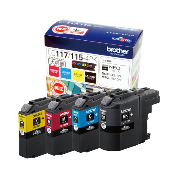 (まとめ) ブラザー BROTHER インクカートリッジ お徳用 4色 大容量 LC117/115-4PK 1箱(4個:各色1個) 【×10セット】 (代引不可)