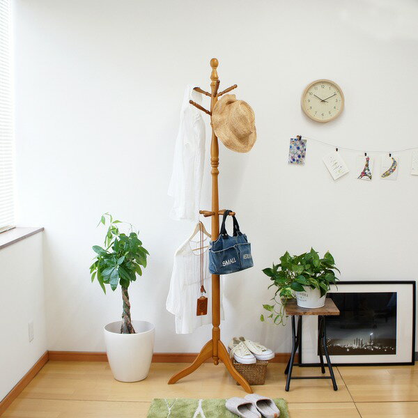 ポールハンガー ブラウン 幅48cm×奥行48cm×高さ182cm 木製 天然木 アンティーク調 コートハンガー コー..