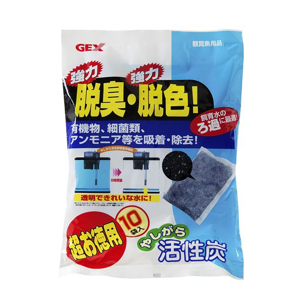 ■商品内容【ご注意事項】この商品は下記内容×6セットでお届けします。【商品説明】吸着力と脱臭力の高い、やしがら活性炭の10袋入。有機物・細菌類、アンモニア等を水の汚れになる物質を吸着・除去！水のニオイ、黄ばみを圧倒的なスピードで除去し、やしがら活性炭の力で透明できれいな水にします。■商品スペック【材質/素材】活性炭、不織布【原産国または製造地】タイ【諸注意】・目詰まりしたまま使用すると、ろ過能力が低下しますので、定期的に交換をしてください。・本製品のセット直後、活性炭の粉末で水が黒く濁ることがありますが、生体への影響はありません。・魚病薬などの薬品類をご使用の際は、活性炭が薬品類の有効成分を吸着し、効果が無くなりますのでご注意ください。・本製品の交換と水槽の水換えは別々に行うことをお勧めします。同時に行うと水質が急変し、飼育魚に悪影響を与えることがあります。【キャンセル・返品について】・商品注文後のキャンセル、返品はお断りさせて頂いております。予めご了承下さい。【特記事項】・商品パッケージは予告なく変更される場合があり、登録画像と異なることがございます。・賞味期限がある商品については、6ヶ月以上の商品をお届けします。詳細はパッケージ記載の賞味期限をご確認ください。■送料・配送についての注意事項●本商品の出荷目安は【1 - 5営業日　※土日・祝除く】となります。●お取り寄せ商品のため、稀にご注文入れ違い等により欠品・遅延となる場合がございます。●本商品は仕入元より配送となるため、沖縄・離島への配送はできません。