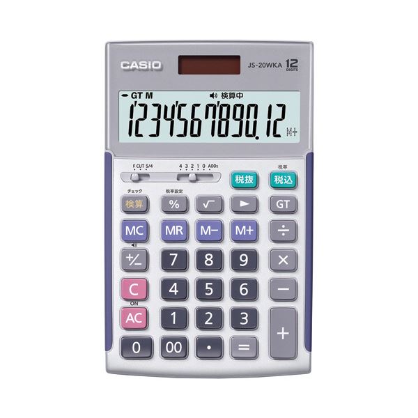 ■サイズ・色違い・関連商品■シルバー[当ページ]■ブラック■ピンク■ゴールド■商品内容●検算機能付の本格実務電卓、ジャストサイズ、カラーはシルバーです。●バッテリー残量表示、早打ち対応!(3キーロールオーバー)●2色成型プラスチックキー。長期間の使用でも数字が消えない2色成型構造を採用。●大型ストッパー。操作時のすべりを抑え快適な計算を可能に。■商品スペック桁数：12桁寸法：W107×D174.5×H24.2mm質量：約210g色：シルバーメモリー：2機能：計算状態表示、2色成型プラスチックキー、サイレントタッチキー、検算機能付、早打ち対応、税計算、バッテリー残量表示表示部：傾斜保証期間：5年備考：※質量は電池含む■送料・配送についての注意事項●本商品の出荷目安は【1 - 7営業日　※土日・祝除く】となります。●お取り寄せ商品のため、稀にご注文入れ違い等により欠品・遅延となる場合がございます。●本商品は仕入元より配送となるため、沖縄・離島への配送はできません。[ JS-20WKA-SR-N ]
