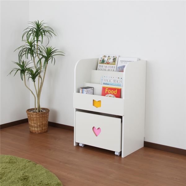 子供用 収納棚 【女の子用】 幅59.0cm 日本製 引出し キャスター 『おかたづけしたくなるワゴン付きマガジンラック』 【完成品】 (代引不可)