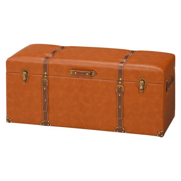 収納付き オットマン 幅102cm ライトブラウン トランク型 合皮 チェスターシリーズ ボックススツール ..