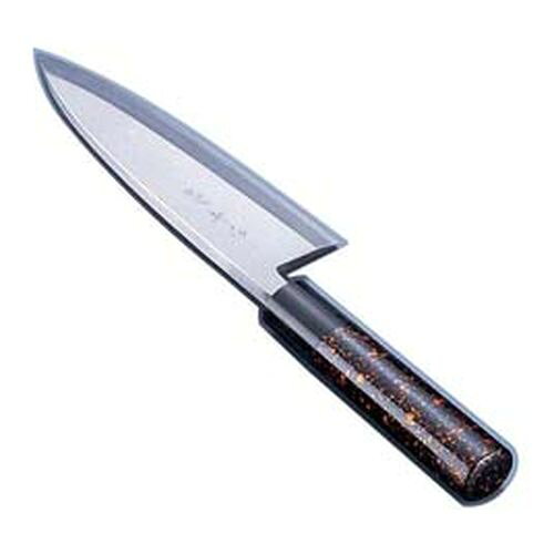 インテックカネキ 歌舞伎調和包丁 忠舟 出刃 18cm 黒金茶 ATD0207 JANコード 4982913410816●サイズ(cm):18●全長(mm):335●重量(g):360●背厚(mm): 9.0●模様:黒金茶●材質：刃材：安来白紙鋼(霞研）　柄：朴ノ木（焼付ウレタン仕上）　水牛桂付■歌舞伎調和庖丁「忠舟作」シリーズ 伝統の和の心・・・それは職人のこだわり日本伝統の塗師の巧みな技と美濃独自の美濃鞘塗り仕上で職人の心意気が伝わります。■焼付塗装を施された柄は見た目めも美しく、水の浸食を防ぎますので耐久性も向上します。■材質:刃物/白鋼 柄部/水牛桂柄付天然木(表面焼付ウレタン塗装仕上)■※水に浸したまま長時間置きますと塗装が痛む場合がございます。■※長くご使用いただけるようにお手入れは柔らかいスポンジ等で水洗いにして下さい。■※庖丁の表示サイズは、マチ包丁は刃先からマチまで、 マチなし包丁は刃渡り寸法となっております。【送料について】北海道、沖縄、離島は送料を頂きます。