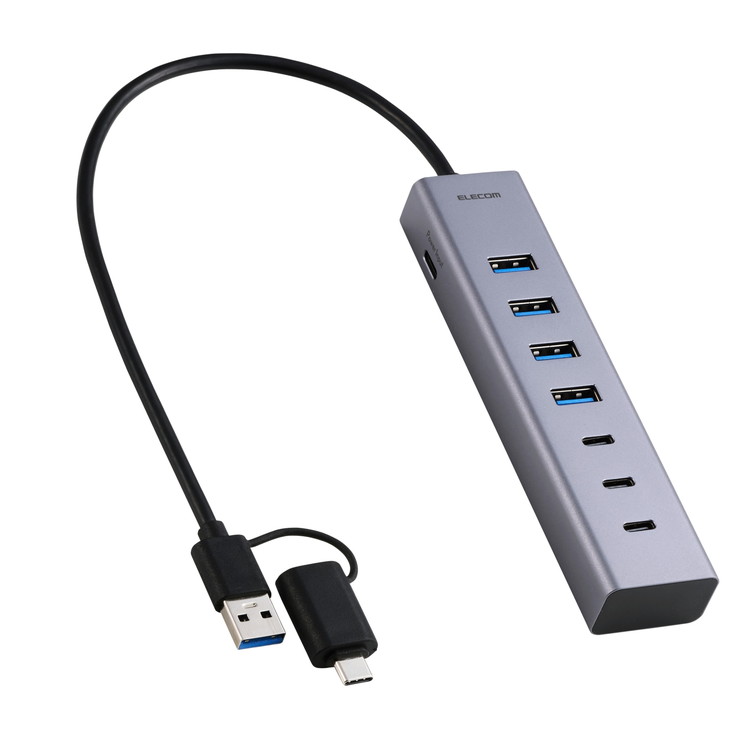 【特徴】これ1台でポート不足を一気に解消!USB-AとUSB Type-C(TM)を合わせて7ポート搭載したUSBハブです。USB-AプラグをUSB Type-Cプラグに変換するアダプター付きで、機器を選ばず接続可能。バスパワー・セルフパワー両対応なので、充電器が不要な手軽さと安定した電源供給を両立します。【概要】■USB-Aポート×4、USB Type-C(TM)ポート×3を搭載。マウスやキーボード、USBメモリなどをこの1台にまとめて接続できます。■USB-AプラグをUSB Type-Cプラグに変換するアダプター付きで、さまざまな機器に接続可能です。■USB 5Gbps(USB3.2(Gen1))対応によりHi-Speed USB(USB2.0)の約10倍の速度で、書類・写真などの大容量データの転送ができます。 ※理論値■※USB 5Gbpsでご使用になるには、機器側がUSB 5Gbps対応である必要があります。■接続デバイス間で生じやすい相性問題を最小限に抑え、スムーズな操作体験を提供。送受信信号の認証試験にもとづく計測のもと、パソコンとUSBハブ間で通信するデータ品質を安定させる設計です。■USBハブ本体への給電専用USB Type-Cポート×1を搭載。手持ちのAC充電器を接続することで、セルフパワーUSBハブとして使用できます。■※パソコンへの充電はできません。■※給電用ケーブル、充電器は付属していません。■※AC充電器は出力15Wの製品をおすすめします。また、消費電力が大きいUSB機器を接続した場合は、電力不足により動作が不安定になることがあります。■安定した電源供給が可能なセルフパワー・バスパワー共用タイプです。■ケーブルは紛失の心配がない直付けタイプ。ケーブル長は約26cmで、取り回しやすい余裕のある長さです。■放熱性と耐ノイズ性に優れ、高級感のあるアルミ筐体を使用しています。■※本製品はUSBポートを増設するための製品です。本製品を使用してスマートフォン・タブレットを充電することはおすすめできません。■※法人で導入を検討されている方は、ご購入前に使用機器との検証を推奨しています。■※USB Type-C and USB-C are trademarks of USB Implementers Forum.■自社環境認定基準を1つ以上満たし、『THINK ECOLOGY』マークを表示した製品です。■環境への負荷軽減のため、輸送効率を高める設計の外装箱を使用した製品です。■環境保全に取り組み、製品の包装容器が紙・ダンボール・ポリ袋のみで構成されている製品です。【仕様】■コネクター仕様(アップストリーム)：USB-Aプラグ×1＜USB 5Gbps(USB3.2(Gen1))＞ ※USB Type-C(TM)変換アダプター付き ■USBポート(ダウンストリーム)：USB-Aポート×4＜USB 5Gbps(USB3.2(Gen1))＞、USB Type-Cポート×3＜USB 5Gbps(USB3.2(Gen1))＞、USB Type-Cポート×1＜給電専用(最大入力15W)＞ ■対応OS(Windows)：Windows 11/10 ■対応OS(macOS)：macOS Tahoe 26 ■対応OS(iPadOS)：iPadOS 26 ■対応OS 備考：※各OSの最新バージョンへのアップデートや、サービスパックのインストールが必要になる場合があります。 ■電源方式：バスパワー/セルフパワー共用 ■電源：DC 5V/3A ■供給可能電流：7ポート合計3A以内(USB Type-Cポートは各ポート1.5A以内) ■VCCI：Class B対応 ■ケーブル長：約26cm ※コネクター含まず ■外形寸法：幅約32mm×奥行約138mm×高さ約19mm ※ケーブル含まず ■重量：約83g ■カラー：シルバー ■使用温度範囲：5℃〜40℃ ■使用湿度範囲：30%〜80% ※結露なきこと ■保証期間：1年間【代引きについて】こちらの商品は、代引きでの出荷は受け付けておりません。【送料について】北海道、沖縄、離島は送料を頂きます。