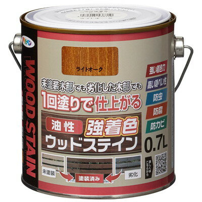 【商品説明】●隠ぺい性が高く、劣化した木部もきれいに仕上がり、塗り替えに最適です。●防虫、防腐、防カビ効果のある屋外木部専用塗料です。●安全性に配慮した薬剤を使用しています。●1回塗りで仕上がりますので、作業時間が短縮できます。【用途】●適した場所：屋内外区分　屋外用。●ウッドデッキ、ラティス、トレリス、プランターなどのガーデン用木製品や外板・板べいなどの屋外木部。※古い木材や旧塗膜のある木材の場合は、必ず下地処理後に塗装して下さい。（絶えず水がかかったり、いつも湿っているところには適しません。）●内容量：0.7L●色：ライトオーク●標準塗り回数：1回塗り●塗膜の仕上がり：半透明（木目を生かす）●乾燥時間：夏期　4〜6時間/冬期　8〜15時間●塗り重ね時間の目安：夏期　6時間以上/冬期　15時間以上●塗り面積：1回塗り　5.2〜7平方メートル（タタミ3.1〜4.2枚分）/吸い込みが激しい面　3.5〜4.9平方メートル（タタミ2.1〜2.9枚分）●表示の用途以外に使用しないで下さい。塗料がすでに塗られている面や吸い込みがないプリント合板、化粧合板には適しません。●食器など、口や食品に直接触れるものには塗らないで下さい。●犬小屋や鳥かご、その他ペットがなめたり、かじったりするような木部には塗らないで下さい。●有機溶剤が含まれており、長時間そのにおいをかぐと、頭痛・めまい・吐き気などをおこすことがありますので、塗装中及び塗装後もにおいがなくなるまで換気をよくして下さい。●溶剤蒸気を吸入しないよう、目に入らぬよう、また誤飲しないように保護メガネ、保護マスクを着用して下さい。●塗料が皮膚につくとかぶれることがあり、また衣服につくときれいに洗い落とすことができませんので、取扱い時には必ず保護手袋、作業着を着用し、皮膚に触れないようにして下さい。●体質・体調によっては体調に変化を及ぼすこともあります。化学物質過敏症の方、においに敏感な方、体調のすぐれない方は使用しないで下さい。●吹き付け塗装は絶対にしないで下さい。●塗料が草木などの植物にかからないよう、また、金魚や鯉などの魚類がいる池に入らないように注意して下さい。●塗料が木材以外にかかった場合は中性洗剤で洗った後、充分に水洗いして下さい。●マスキングテープの端から塗料がにじむことがあります。●下地の色や吸い込みの度合によって仕上がりの状態や乾燥性が大きく左右されますので、あらかじめ目立たない部分で試し塗りをして、色・浸透性・下地への影響などを確かめてから塗装して下さい。特に黒く変色した古木に塗装すると、表示の色と比較して暗めの色に仕上がる場合があります。●ヤニのある箇所は乾燥がかなり遅くなったり、場合によっては乾かないことがあります。●塗り面積・乾燥時間は、色・素材・塗り方・気象条件により多少異なります。●塗料を拭き取った布をまるめたまま放置すると自然発火の恐れがありますので、捨てるまでは水に浸けておき、そのまま廃棄して下さい。●ゴミ、ホコリを充分に取り除きます。泥、サビ、カビ、苔、藻などの汚れはナイロンブラシ、ナイロンタワシ、デッキブラシなどで水洗します。●ヤニや油分が多い場合は、ペイントうすめ液で拭き取ります。●木材の表面が劣化している場合は、サンドペーパーで研磨するか、ナイロンブラシ、ナイロンタワシ、デッキブラシなどで水洗し、できるだけ表面層を除去します。●他の塗料が塗装されている場合は、旧塗膜をサンドペーパー、電動サンダーなどで充分に取り除きます。●本品同士の塗り替えの場合は、表面をサンドペーパー（♯400〜♯600）で軽く研磨後、塗り重ねができます。●木材の表面が硬く、塗料が浸透しにくい木材の場合は、サンドペーパーなどで目荒らしをおこなうと塗料の付きが良くなります。●木材の表面がザラザラしているときは、サンドペーパー（♯280〜♯320）を木目に沿ってかけておくと、滑らかに仕上がります。●うすめずそのまま塗ってください。●使い終えたハケや用具は、塗料が乾かないうちにペイントうすめ液かハケ洗い液で洗います。※メーカーの都合によりパッケージ、内容等が変更される場合がございます。当店はメーカーコード（JANコード）で管理をしている為それに伴う返品、返金等の対応は受け付けておりませんのでご了承の上お買い求めください。【代引きについて】こちらの商品は、代引きでの出荷は受け付けておりません。【送料について】北海道、沖縄、離島は送料を頂きます。