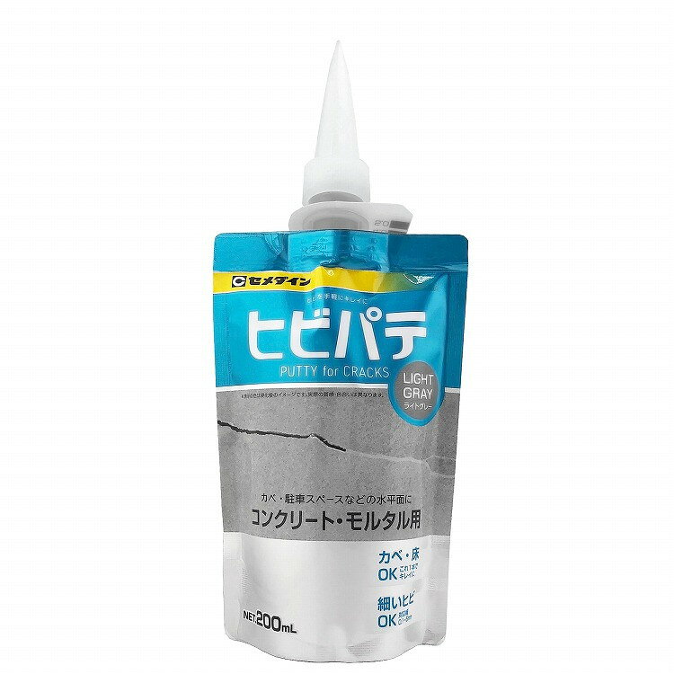 【商品説明】●ヒビを手軽にキレイに埋められる水性パテです。【商品詳細】●カベ・床兼用で屋内外で使用可能です。●最小0.1mm幅までのヘアクラックにも対応します。●翌日に塗装が可能です。●ヒビ幅の確認、パテの押し込み、表面を平滑にならせる3WAYクラックスケールが付属しています。●容量:200ml。●カラー:ライトグレー。●主成分:アクリル樹脂。●対応材質:コンクリート、モルタル、レンガ、スレート。●標準使用量:幅3mm×深さ3mmの場合:最大22m。●※子供の手の届かないところに置き、いたずらをしないよう注意する。※用途以外には使用しない。※使用に際しては、換気をよくする。※人体に影響を及ぼすことが想定される場合には応急処置を行う。※下地が湿っていたり、濡れていたりする状態で使用しない。※使用温度範囲は5℃〜35℃とし、雨、雪などの天候により、水ぬれの恐れがある場合には使用しない。※使用後のノズルは、固まらないうちに水でよく洗う。※ノズルからパテが出にくい場合は、ノズル先端を再度カットしなおす。※深さ5mm以上のヒビには使用しない。※本製品は一時的な意匠性(美観性)の修復を目的とするものであり、補修箇所の耐久性を保証するものではない。【代引きについて】こちらの商品は、代引きでの出荷は受け付けておりません。【送料について】北海道、沖縄、離島は送料を頂きます。